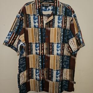 Stacy Adams Shirt Mens L Geometric Brown Blue Gold Linen/Cotton Short Sleeve